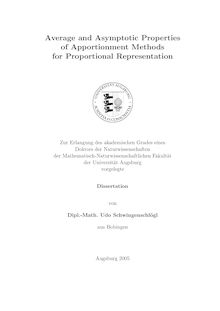 Average and asymptotic properties of apportionment methods for proportional representation [Elektronische Ressource] / von Udo Schwingenschlögl