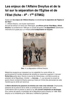 Les enjeux de l Affaire Dreyfus  et de la loi sur la séparation de l Eglise et de l Etat
