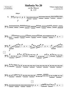 Partition violoncelles / Basses, Symphony No.20, D major, Mozart, Wolfgang Amadeus