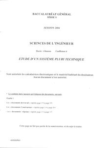 Sujet du bac S 2004: Sciences de l Ingénieur