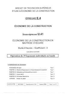 Economie de la construction en maîtrise d oeuvre 2003 BTS Étude et économie de la construction