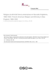 Religion et ethnicité franco américaines en Nouvelle Angleterre, 1860-1930 / French American Religion and Ethnicity in New England, 1860-1930 - article ; n°1 ; vol.84, pg 189-199