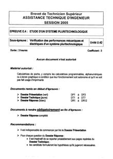 Btsating 2005 verification des performances mecaniques et electriques d un systeme pluritechnologique