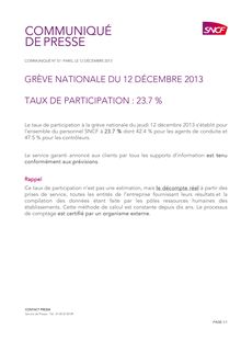 SNCF : GRÈVE NATIONALE DU 12 DÉCEMBRE 2013 - TAUX DE PARTICIPATION : 23.7 % 