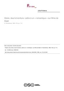 Gloire, deuil et écriture. Lettre à un « romantique » sur Mme de Staël - article ; n°62 ; vol.18, pg 7-14