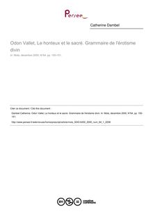 Odon Vallet, Le honteux et le sacré. Grammaire de l érotisme divin  ; n°1 ; vol.64, pg 150-151