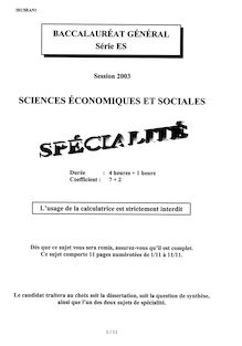 Sciences économiques et sociales (SES) Spécialité 2003 Sciences Economiques et Sociales Baccalauréat général