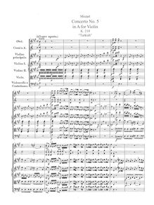 Partition complète, violon Concerto No.5, Turkish Concerto, A major