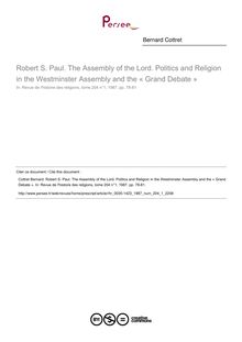 Robert S. Paul. The Assembly of the Lord. Politics and Religion in the Westminster Assembly and the « Grand Debate »  ; n°1 ; vol.204, pg 78-81
