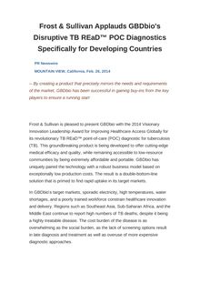 Frost & Sullivan Applauds GBDbio s Disruptive TB REaD™ POC Diagnostics Specifically for Developing Countries