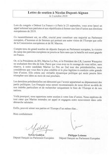 Lettre de soutien d eurodéputés RN à Dupont-Aignan 