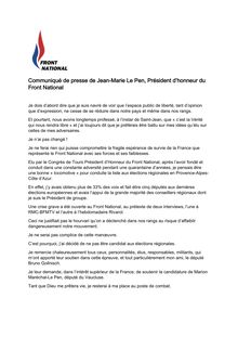 Jean-Marie Le Pen :  "je pensais être une bonne « locomotive » pour conduire la liste aux élections régionales en Provence-Alpes-Côte d’Azur"