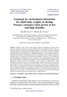 Genotype by environment interaction for adult body weights of shrimp Penaeus vannameiwhen grown at low and high densitie