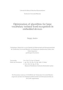 Optimization of algorithms for large vocabulary isolated word recognition in embedded devices [Elektronische Ressource] / Sergey Astrov