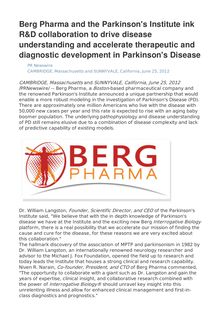 Berg Pharma and the Parkinson s Institute ink R&D collaboration to drive disease understanding and accelerate therapeutic and diagnostic development in Parkinson s Disease