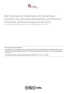 Max Plank Institut fur Auslandisches und Internationales Privatrecht, Der zivilrechtliche Persönlichkeits und Ehrenschutz in Frankreich, der Schweiz, England und den U.S.A. - note biblio ; n°3 ; vol.13, pg 677-677