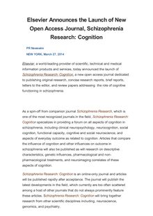 Elsevier Announces the Launch of New Open Access Journal, Schizophrenia Research: Cognition
