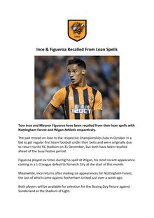 Hull City : Tom Ince et Maynor Figueroa sont rappelés