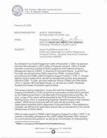 Interim Audit Memorandum No. 1- Preliminary Observations on GSA s  Response to Hurricane Katrina - Standard