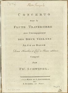 Partition parties complètes, flûte Concerto, Concerto pour la Flute Traversiere avec l accompagnement des deux violons, alto et basse. Deux Hautbois et Cors de Chasse ad libitum