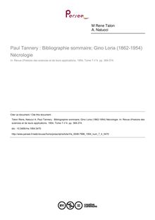 Paul Tannery : Bibliographie sommaire; Gino Loria (1862-1954) Nécrologie - article ; n°4 ; vol.7, pg 369-374