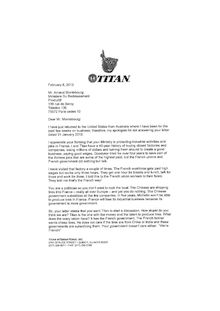 Goodyear : la lettre du PDG de Titan à Montebourg - version originale