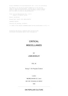 Critical Miscellanies (Vol. 3 of 3) - Essay 1: On Popular Culture