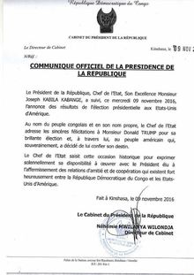 Félicitations de Kabila à Trump