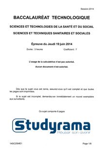 Sujet BAC ST2S 2014 Sciences et Techniques Sanitaires et Sociales