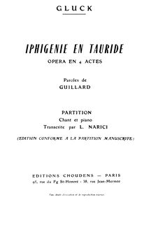 Partition complète, Iphigénie en Tauride, Tragédie en quatre actes par Christoph Willibald Gluck