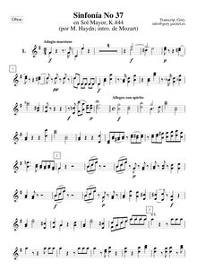 Partition hautbois 1, 2, Symphony No.37, G major, Mozart, Wolfgang Amadeus