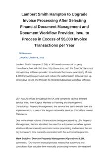 Lambert Smith Hampton to Upgrade Invoice Processing After Selecting Financial Document Management and Document Workflow Provider, Invu, to Process in Excess of 55,000 Invoice Transactions per Year