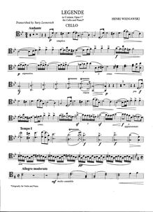 Partition Solo , partie, transcription pour violoncelle, Legende