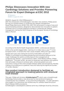 Philips Showcases Innovation With new Cardiology Solutions and Provides Pioneering Forum for Expert Dialogue at ESC 2012