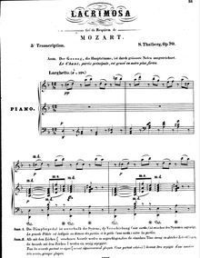 Partition , Transcription of pour Lacrymosa from Mozart s Requiem, L Art du Chant appliqué au Piano, Transcriptions des célèbres Oeuvres des grandes Maitres, Op.70