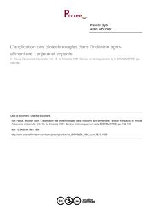 L application des biotechnologies dans l industrie agro-alimentaire : enjeux et impacts - article ; n°1 ; vol.18, pg 192-199