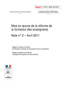 Mise en oeuvre de la réforme de la formation des enseignants : note n° 2 - Avril 2011