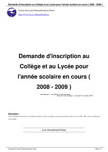 Demande d inscription au Collège et au Lycée pour l année scolaire en  cours ( 2008 - 2009 )