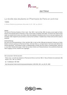 La révolte des étudiants en Pharmacie de Paris en avril-mai 1886 - article ; n°251 ; vol.69, pg 229-241