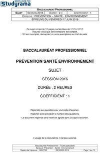 Sujet BAC PRO Prévention santé et environnement 