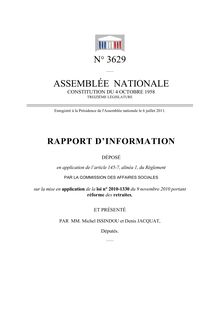 Rapport d information déposé (...) par la commission des affaires sociales sur la mise en application de la loi n° 2010-1330 du 9 novembre 2010 portant réforme des retraites