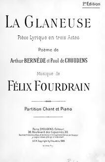 Partition complète, La glaneuse, Pièce lyrique en trois actes, Fourdrain, Félix
