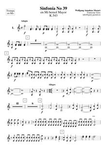 Partition cornes 1, 2 (en E♭), Symphony No.39, E♭ major, Mozart, Wolfgang Amadeus