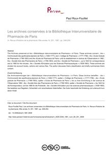 Les archives conservées à la Bibliothèque Interuniversitaire de Pharmacie de Paris - article ; n°251 ; vol.69, pg 248-254