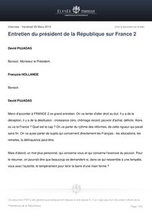 Communiqué de presse de l Elysée : Entretien du président de la République sur France 2