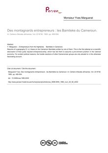 Des montagnards entrepreneurs : les Bamileke du Cameroun. - article ; n°92 ; vol.23, pg 495-504