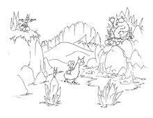 Coloriage a monkey riding a llama into a cave with a bear, bats, waterfalls, and ...