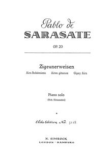 Partition complète, Zigeunerweisen, Op.20, Gypsy Airs, Sarasate, Pablo de par Pablo de Sarasate, London Hamburg