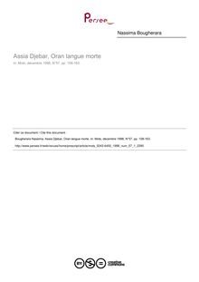 Assia Djebar, Oran langue morte  ; n°1 ; vol.57, pg 158-163
