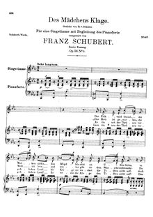 Partition 2nd version, published as Op.58 No.3, Des Mädchens Klage (2nd version), D.191 (Op.58 No.3)